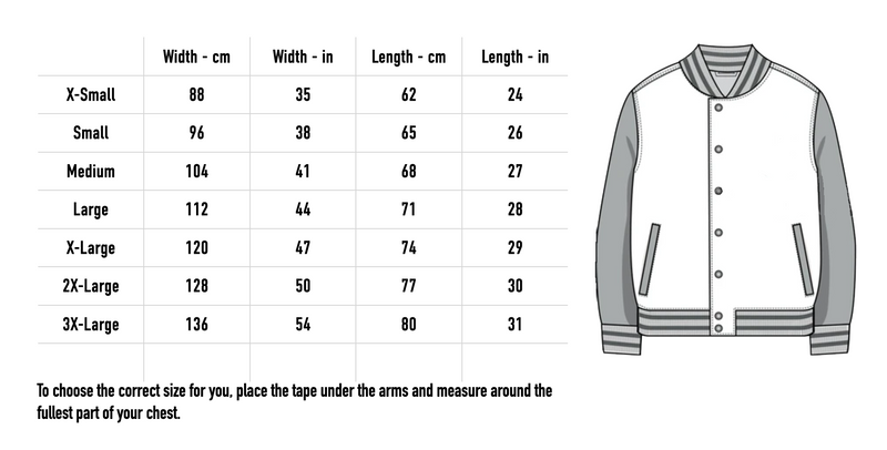 Size chart for Embroidered Logo Varsity Jacket